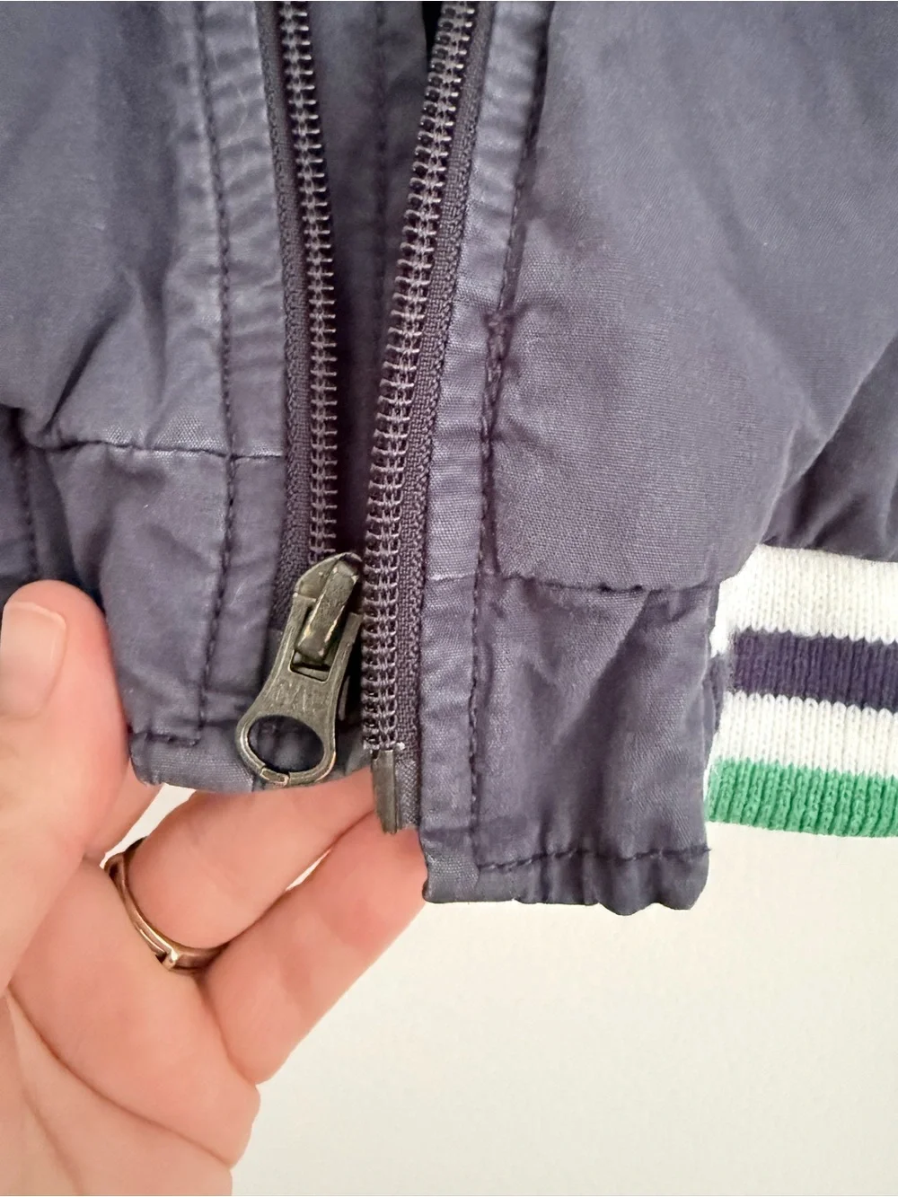 GAP Navy Puffer Jacket with Green & White Striped Trim